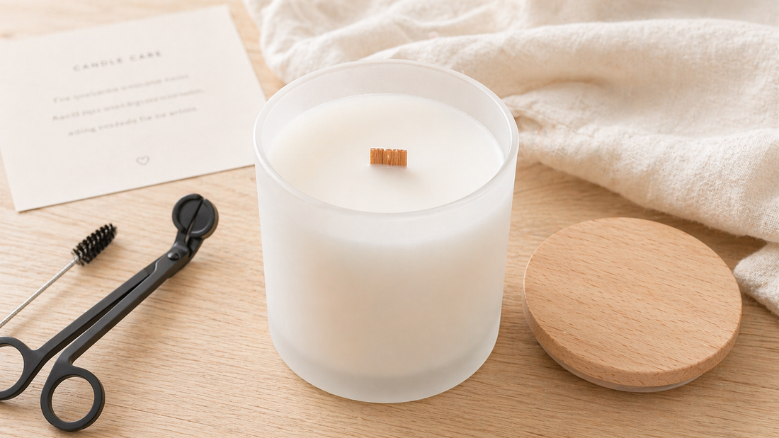 Little Piece Candle wooden wick candle care scene with an open frosted glass coconut wax candle, wick trimmer, and beechwood lid.