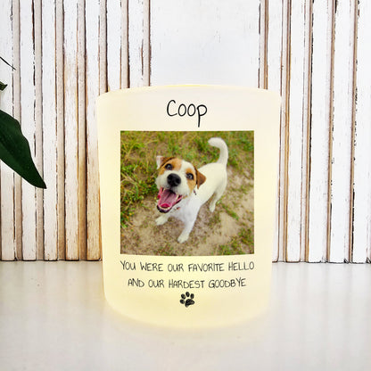 The Little Piece Candle Co. Personalized Remembrance Pet Memorial Candle for Dogs, Cats, and Pets features a happy brown and white dog named Coop, heartfelt text, paw print, and leaf accent—an ideal LED tea light holder pet remembrance gift.
