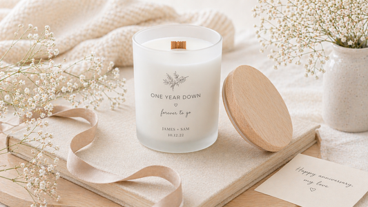 Little Piece Candle anniversary candle with custom names and date on frosted glass, styled with a beechwood lid, note, and soft florals.