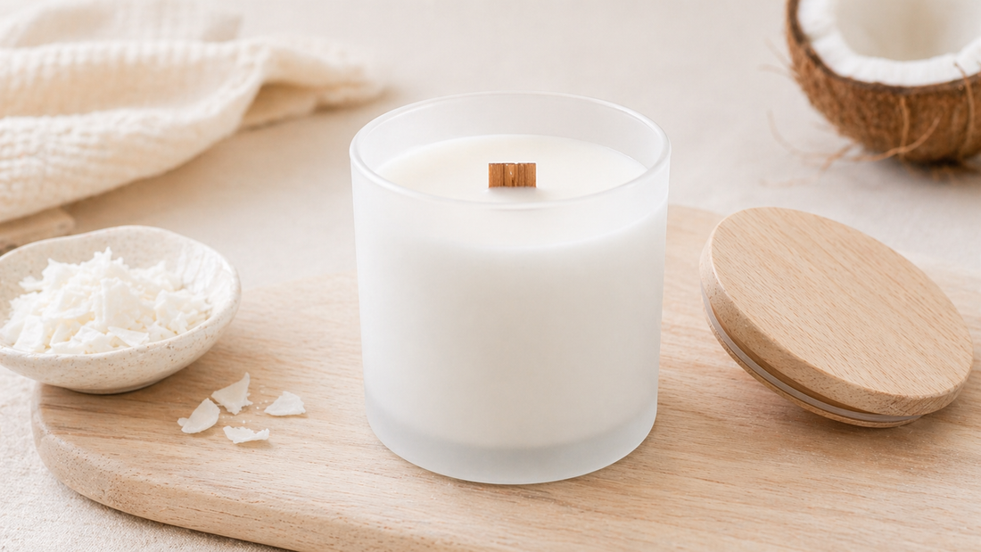 Little Piece Candle coconut wax candle with creamy white wax, a wooden wick, beechwood lid, and coconut wax flakes.