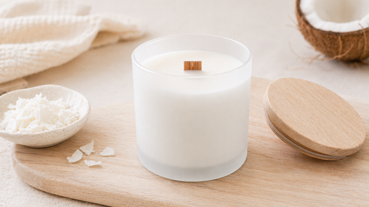 Little Piece Candle coconut wax candle with creamy white wax, a wooden wick, beechwood lid, and coconut wax flakes.