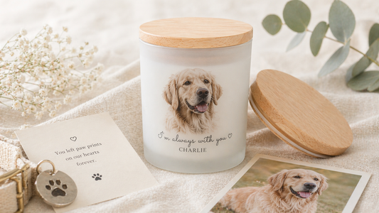 Little Piece Candle pet memorial candle with a dog portrait on frosted glass, styled with a pet photo and remembrance keepsakes.
