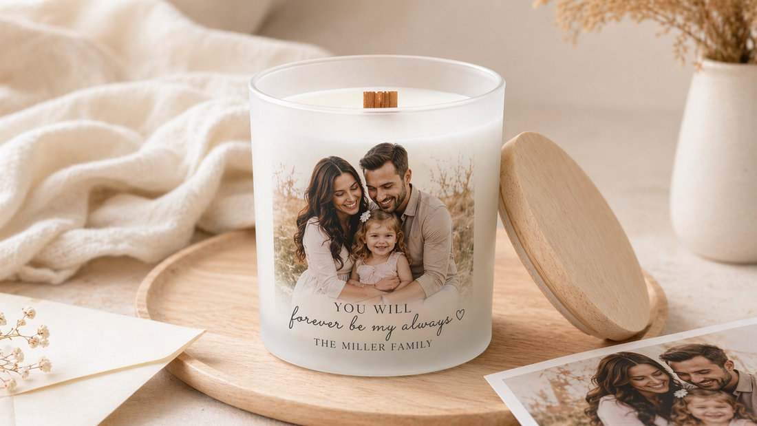 Little Piece Candle personalized photo candle with a family photo printed on frosted glass, a wooden wick, and a beechwood lid.