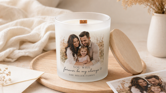 Little Piece Candle personalized photo candle with a family photo printed on frosted glass, a wooden wick, and a beechwood lid.