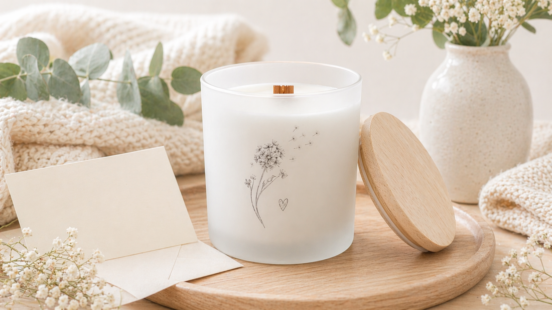 Little Piece Candle sympathy gift candle in frosted glass with a wooden wick, beechwood lid, blank card, and soft botanicals.