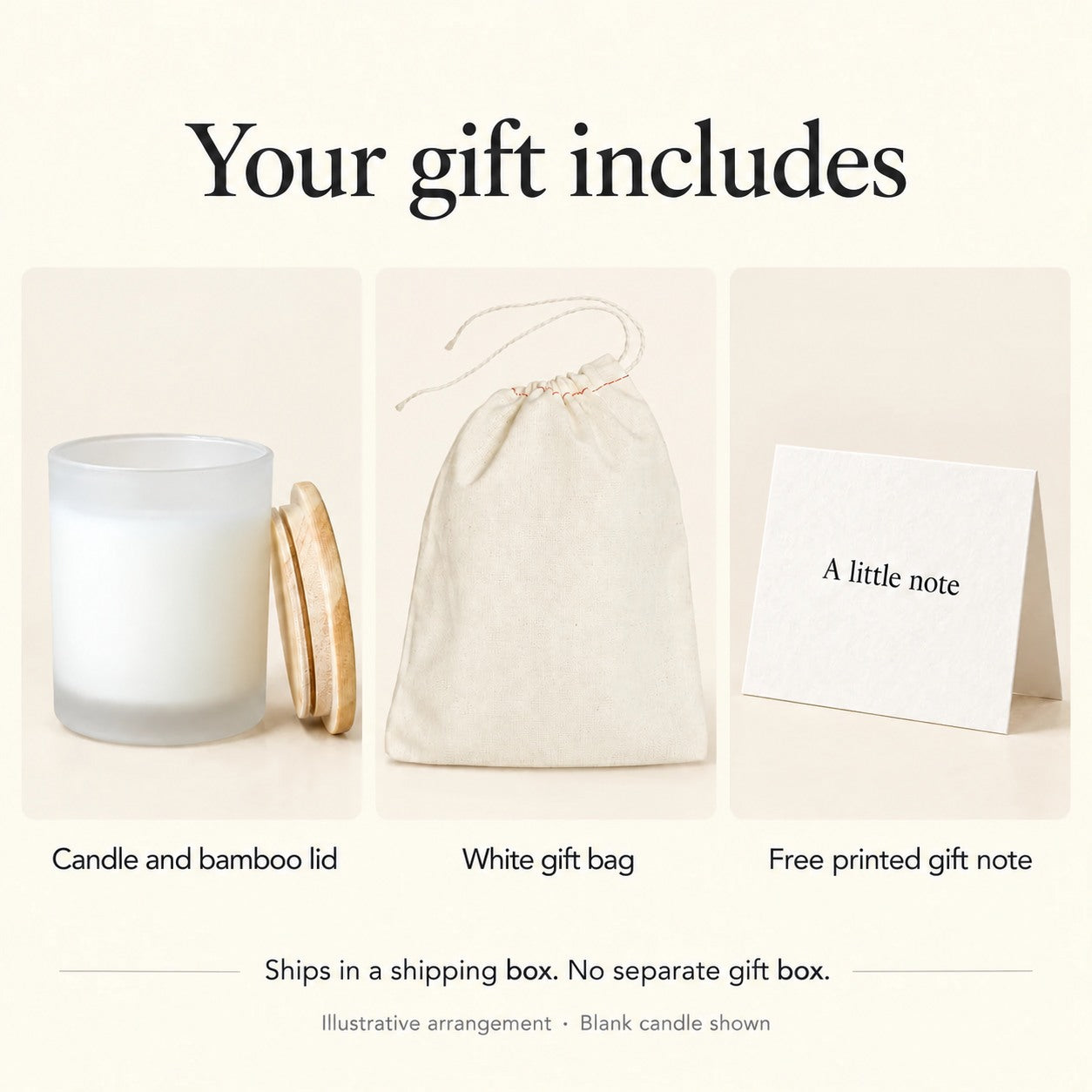 Illustrative arrangement of a blank frosted candle with bamboo lid, white gift bag and folded printed gift note.